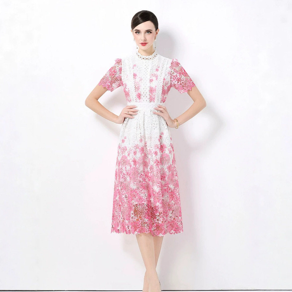 French Vintage Elegant Lace Dress Intricate Hollow Design Waist Defining Flattering Fit Perfect for Formal Occasions