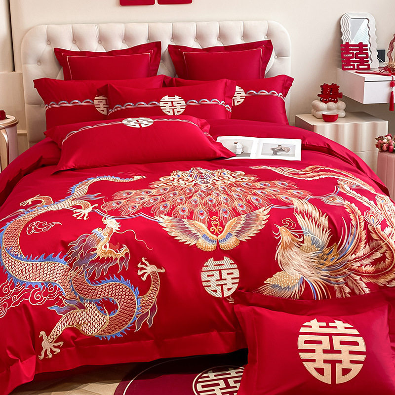 High-End Chinese Dragon and Phoenix Embroider Wedding Four-Piece Set Big Red Wedding Room Dowry Bed Sheetss Quilt Cover Dowry Bedding