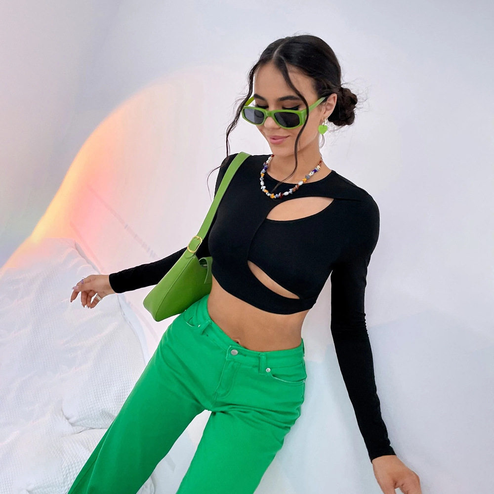 Womens Casual Hollow Out Slim Fit Crop Top Long Sleeve Street Style Trendy Design Perfect for Everyday Wear