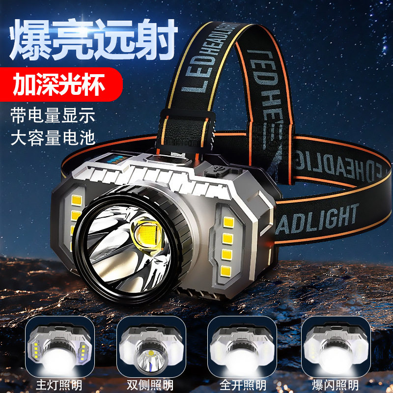 Led Headlight Strong Light Rechargeable Ultra-Bright Head-Mounted Flashlight Outdoor Night Fishing Headlight Home Lightweight Long-Range Miner's Lamp