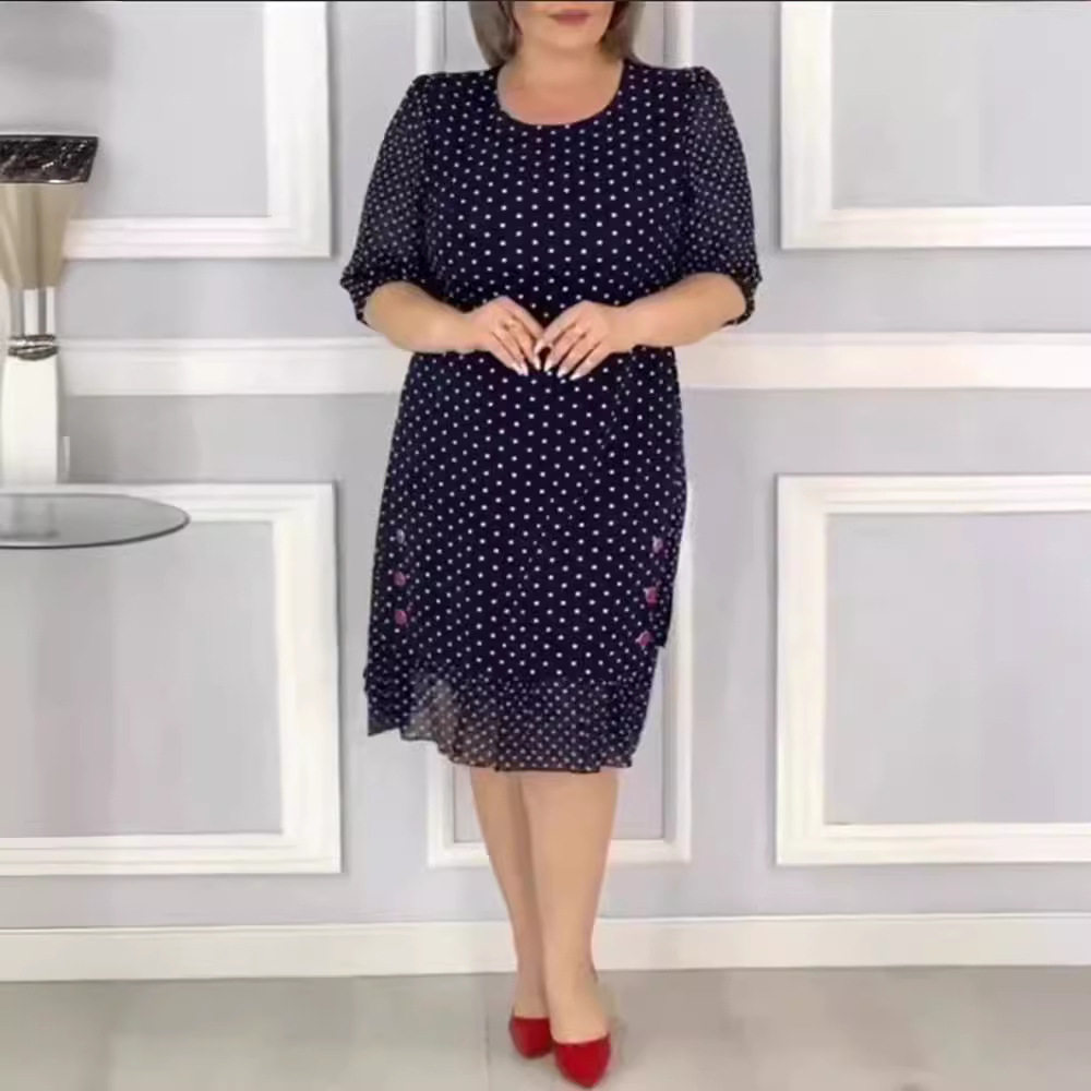 Polka Dot Midi Dress Summer Style Round Neck Short Sleeve Comfortable Fabric Perfect for Casual Outings Wholesale