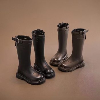 Girls' Shoes, Children's Long Boots, 2025 Autumn and Winter New Leather Boots, Medium and Large Children's Girls' Double Cotton Boots, Dropshipping