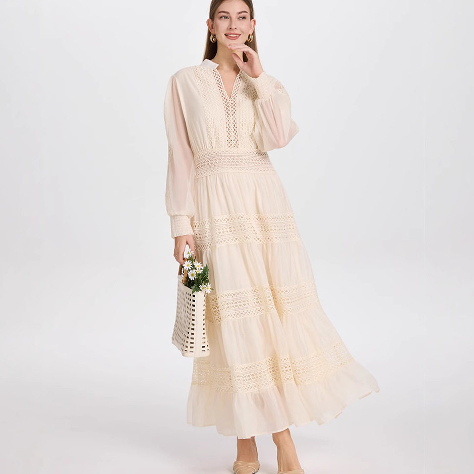 Elegant Womens Long Sleeve V Neck Dress French Lace Panel Ruffled Hem Waist Defined Autumn Fashion Wholesale
