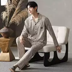 New Spring and Autumn Summer Models for Men: Pure Cotton Long-Sleeve and Long-Pants Two-Piece Loungewear Pajamas That Can Be Worn Outside