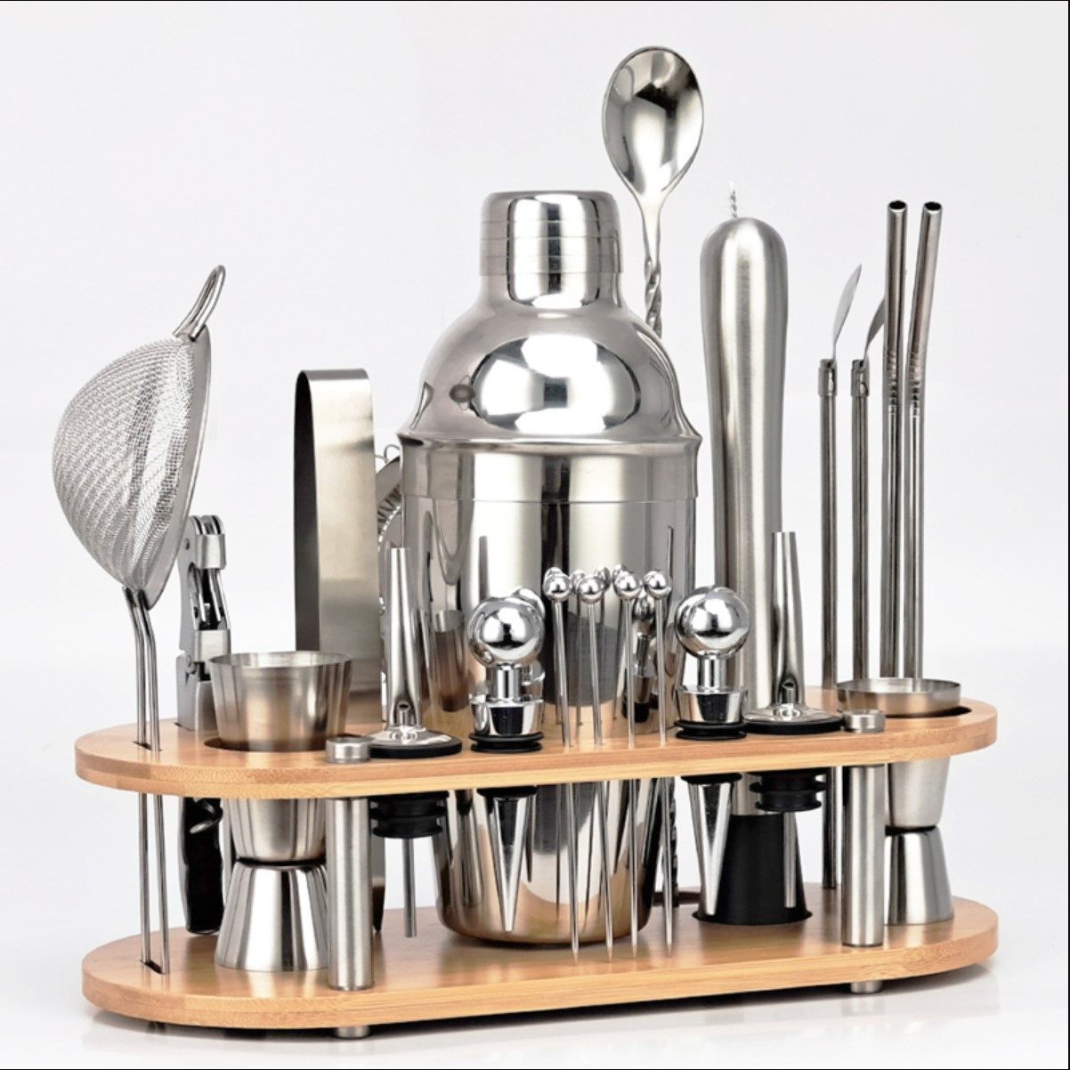 Cross-border bartending tools 23 pieces suit stainless steel bartender bar supplies bartender oval bamboo rack suit