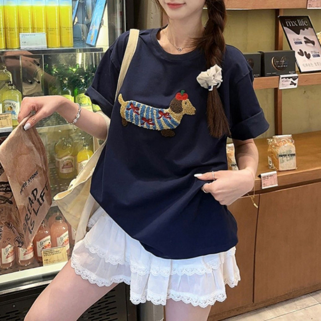 Dachshund Embroidered Short Sleeve T Shirt for Women Summer Collection Korean Style Loose Fit Fashionable and