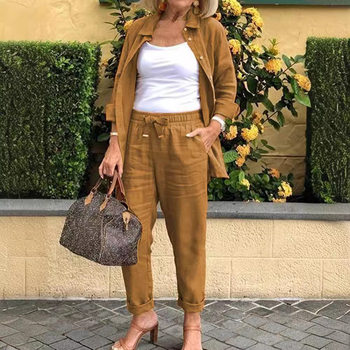 A Large Number of Spot Amazon Cross-Border 2025 Autum New Export Women's Pure Color Casual Suit Long-Sleeved Pants Two