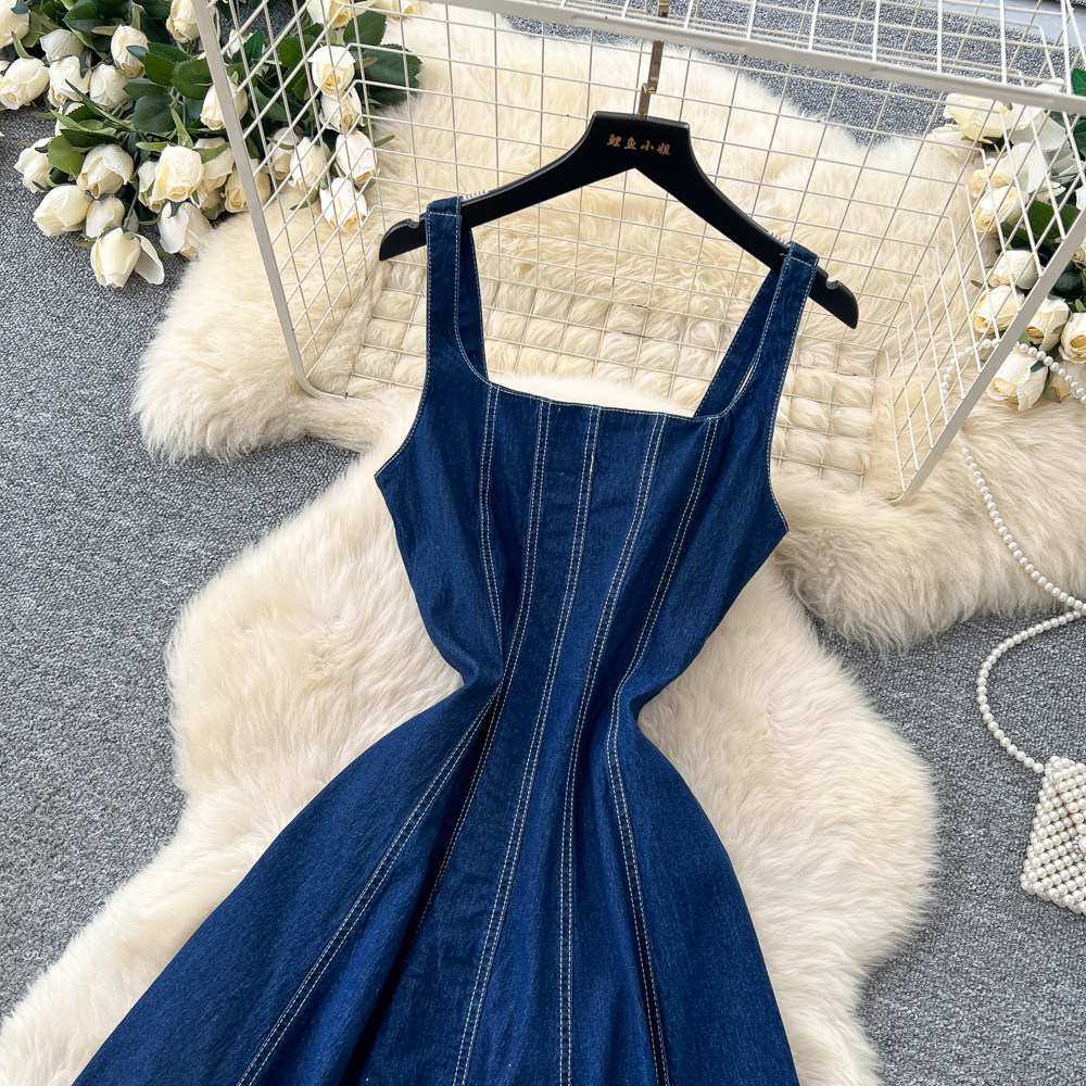 French Vintage Style Denim Square Neck A Line Dress for Women High Waist Flattering Fit Flared Hem Casual Office Wear