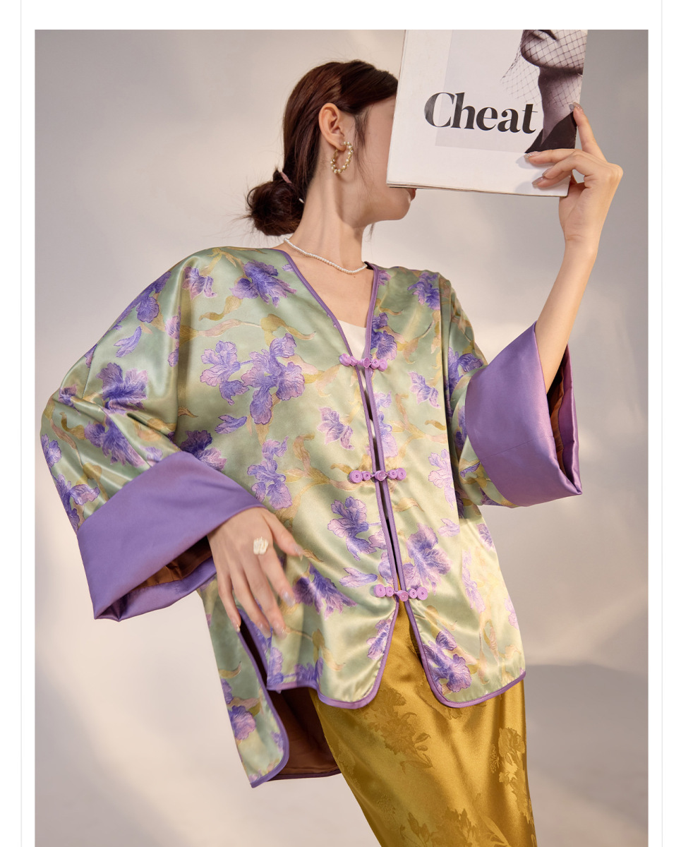 Áo khoác nữ dài tay họa tiết hoa in nhẹ nhàng thanh lịch — Màu tím (giao hàng trong 7 ngày), Màu tím (vận chuyển trong cùng ngày)