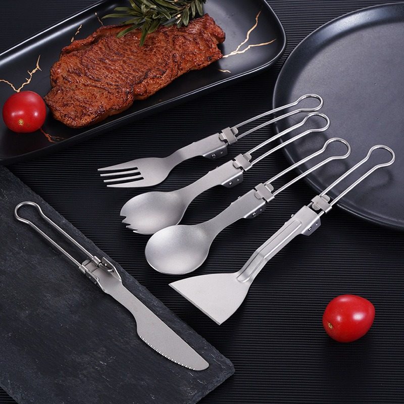 Outdoor Pure Titanium Folding Spoon Fork Chopsticks suit Camping Portable Titanium Tableware Soup Spoon Fork Titanium Metal Chopsticks Spoon Fork