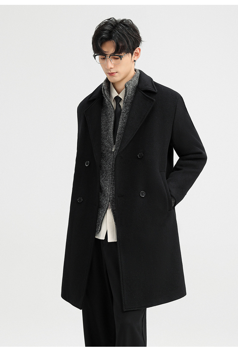 Áo khoác dạ len cashmere nam dáng dài hai hàng khuy mùa đông — Màu Xám (không bao gồm áo vest), Cà phê đậm (không bao gồm áo vest), Cà phê đậm (có áo VEST), Màu đen (có áo VEST)