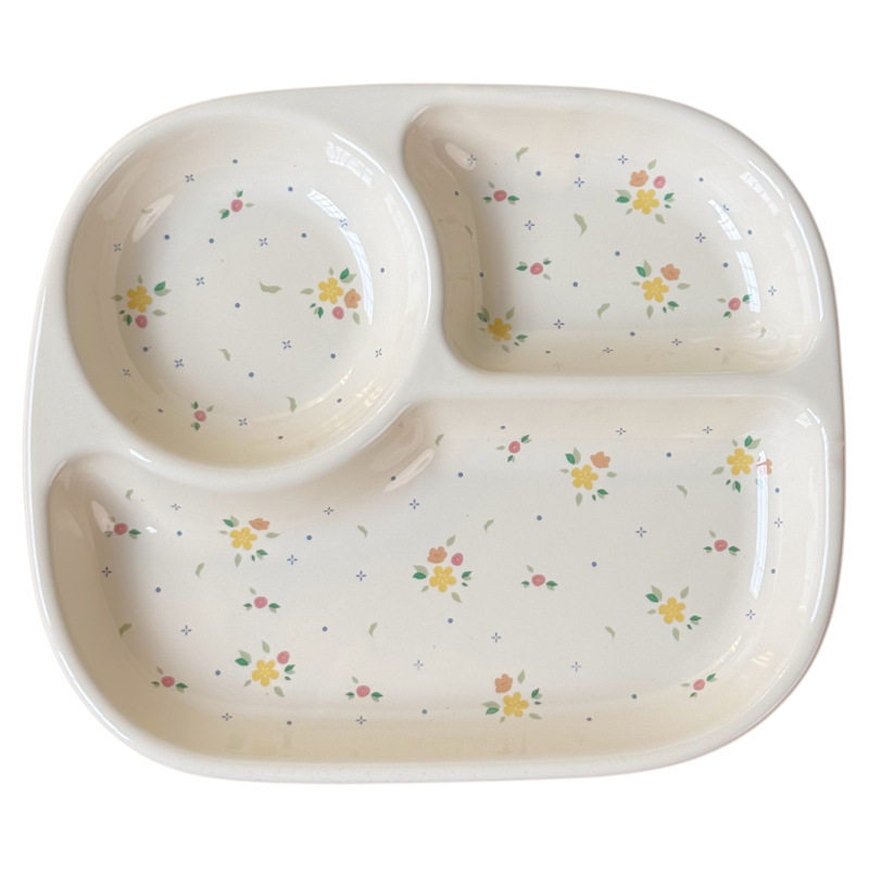 Ins-Style Floral Three-Compartment Plate, Cute Ceramic Breakfast Plate, Weight Loss Plate, Household Cup, Girls and Children's Divided Plate
