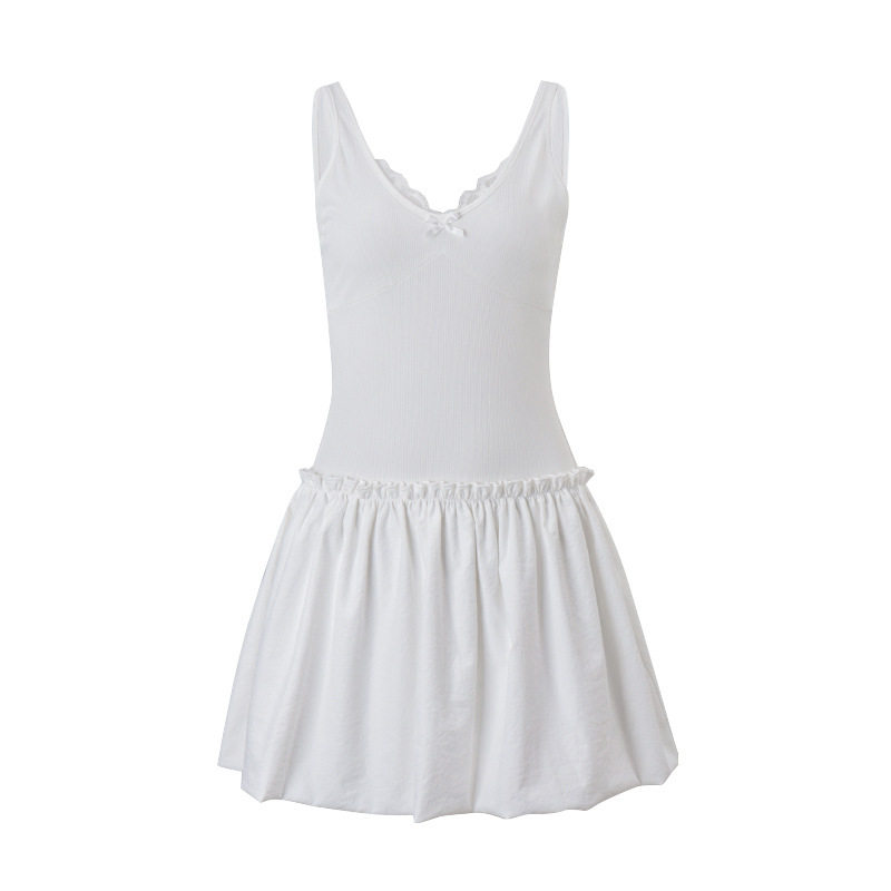 Summer Floral Puff Dress for Women Bow Tie Waist Slim Fit Beach Vacation Style Available in Multiple Colors