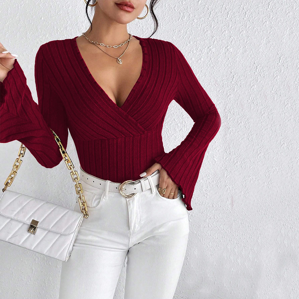 V Neck Bell Sleeve T Shirt Slim Fit Burgundy Color Spring Summer Style Wholesale Available private label
