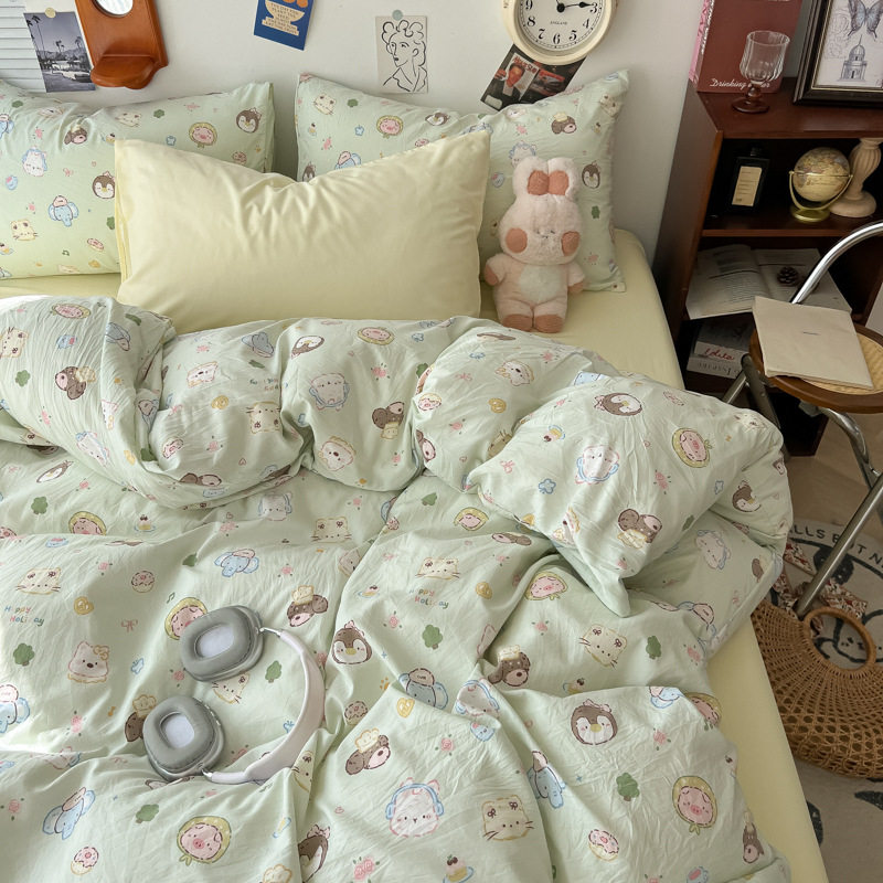 Class a Maternal and Infant-Grade Four-Piece Bedding Set, Ins-Style Pure Washed Cotton Bed Sheet, Duvet Cover, Fitted Sheet, Student Dormitory Three-Piece Set