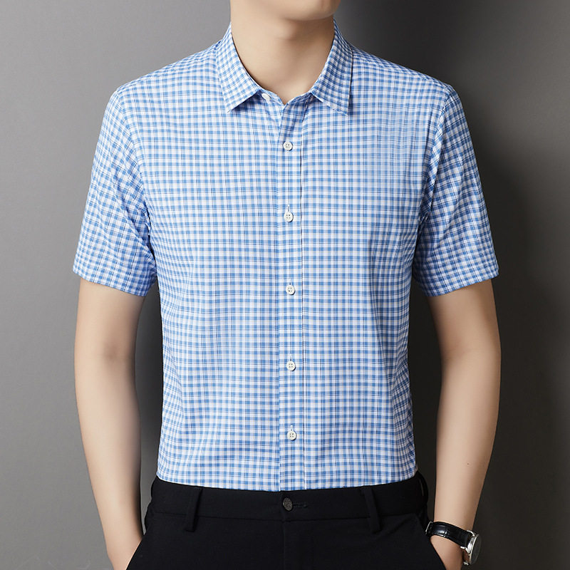 &Aacute;o Sơ Mi Nam Ngắn Tay Cotton Lụa Băng Chống Nhăn Kẻ Caro M&agrave;u Xanh Dương, Trắng