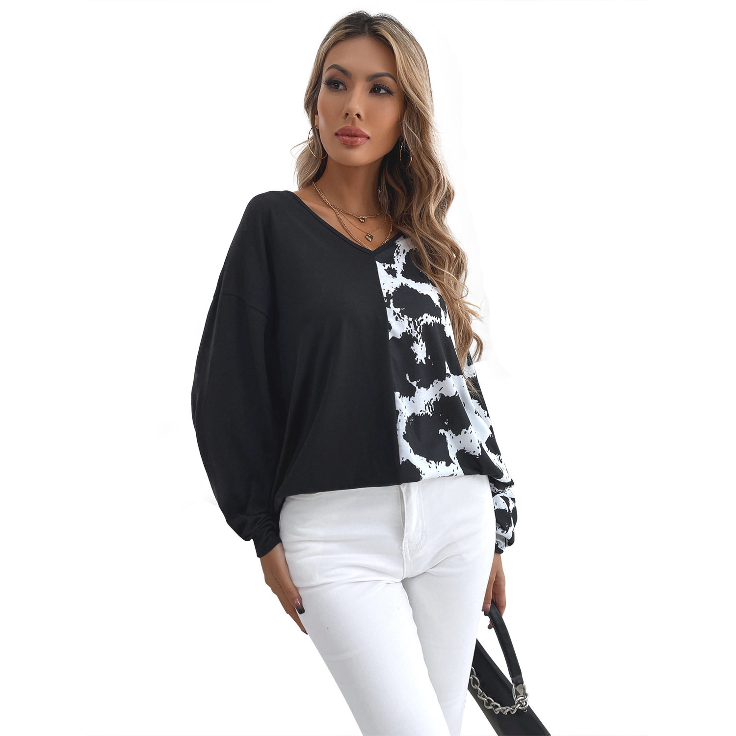 Womens Color Block Leopard Print V Neck Boyfriend T Shirt Casual Style Trendy Design Ready to Ship