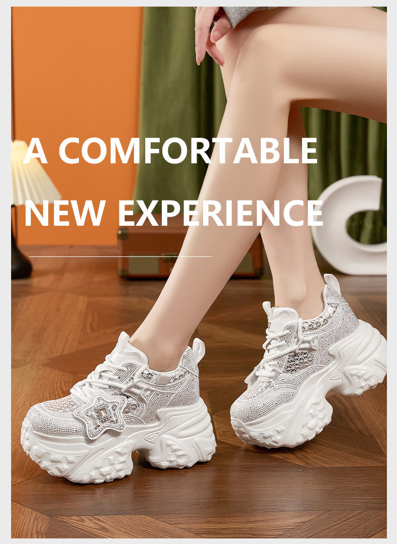 Giày sneaker nữ đế dày tăng chiều cao lưới thoáng khí dây buộc — Trắng, Bạc chi tiết 10
