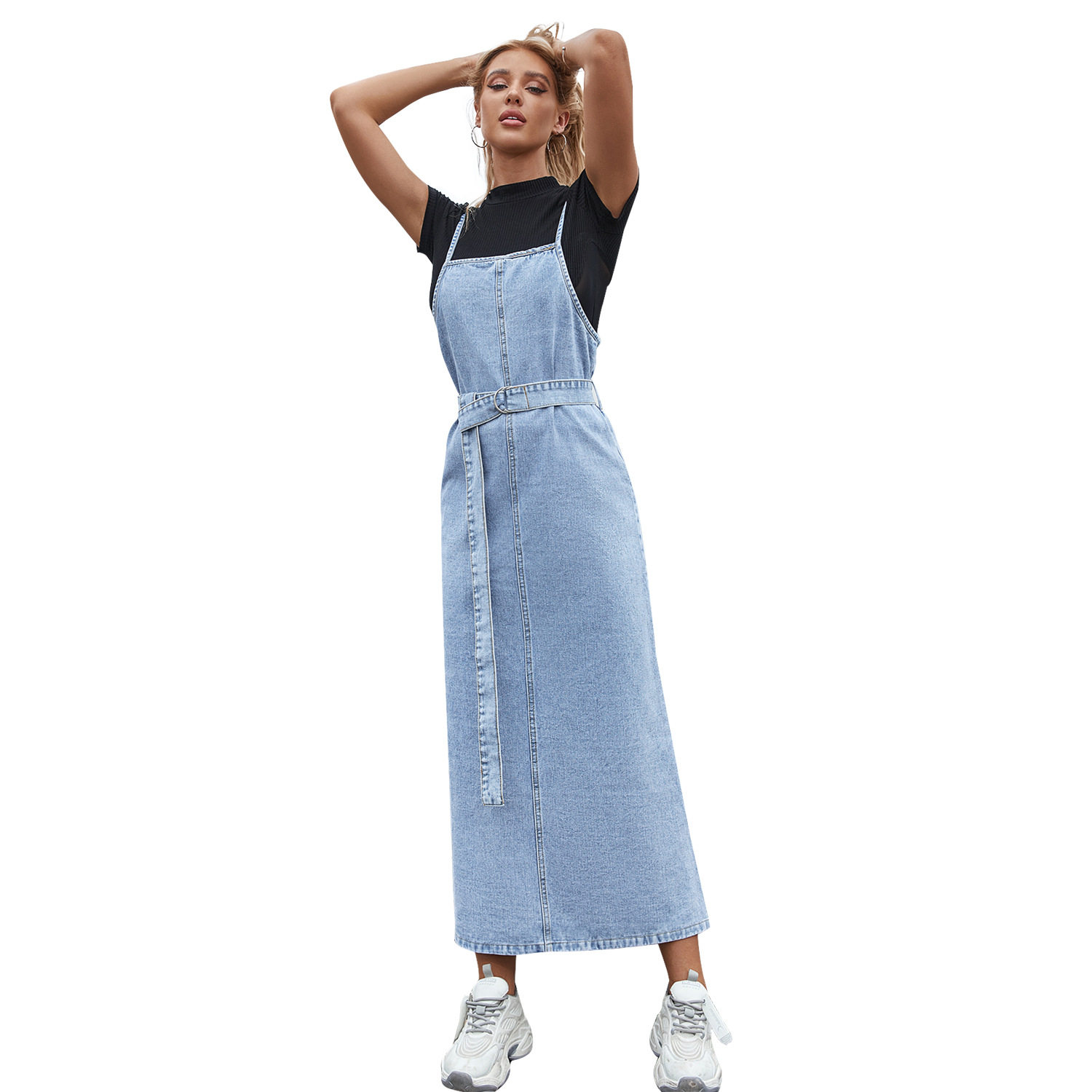Womens Denim Midi Dress Fashionable Waist Defined Design Sleeveless Autumn Winter Style Wholesale Available
