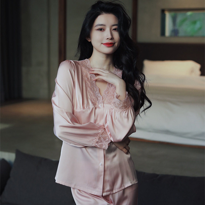 2022年新款睡衣女春秋夏季冰丝绸长袖ins风甜美大码家居服供直播