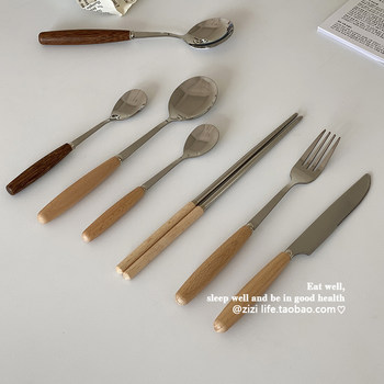 ins stainless steel cylindrical Beech handle tableware spoon chopsticks restaurant Korean style wooden handle Internet celebrity dessert spoon