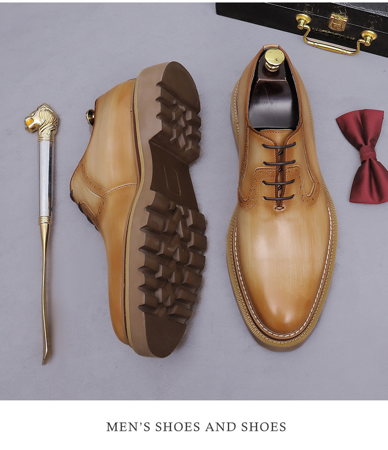 Giày Oxford nam da bò đế dày chạm khắc brogue mũi tròn — màu đen, Màu be