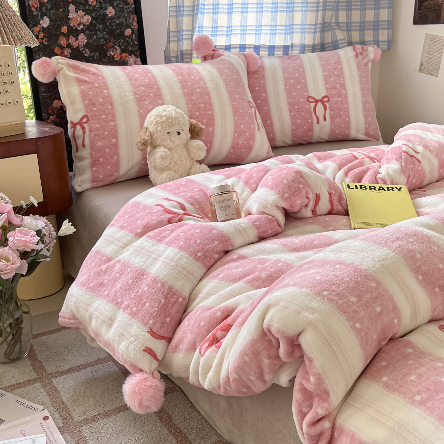 Trendy Fluffy Ball Ins Style Fresh Milk Velvet Three-Piece Four-Piece Duvet Cover Pillowcase Student Dormitory Set