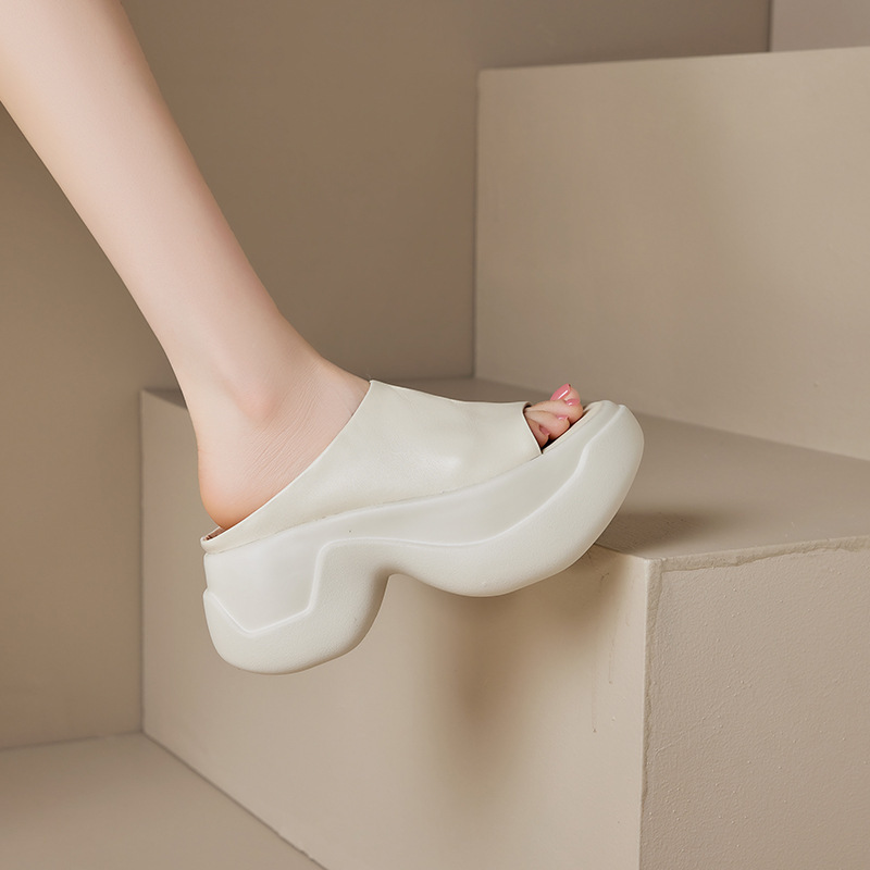 Dép sandal nữ quai ngang đế dày tăng chiều cao 8cm — Màu đen, Màu trắng be