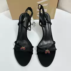 Za Women's Shoes 2025 Summer New Black Strap Rhinestone Strawberry Pendant High Heel Outer Wear Breathable Fashion Sandals