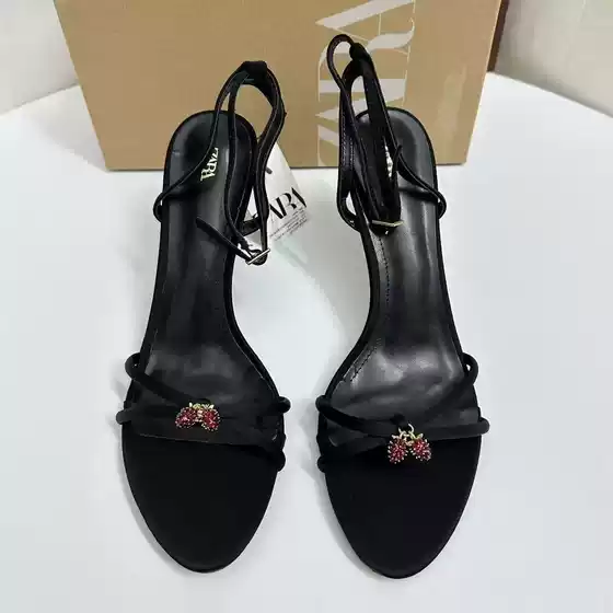 Za Women's Shoes 2025 Summer New Black Strap Rhinestone Strawberry Pendant High Heel Outer Wear Breathable Fashion Sandals