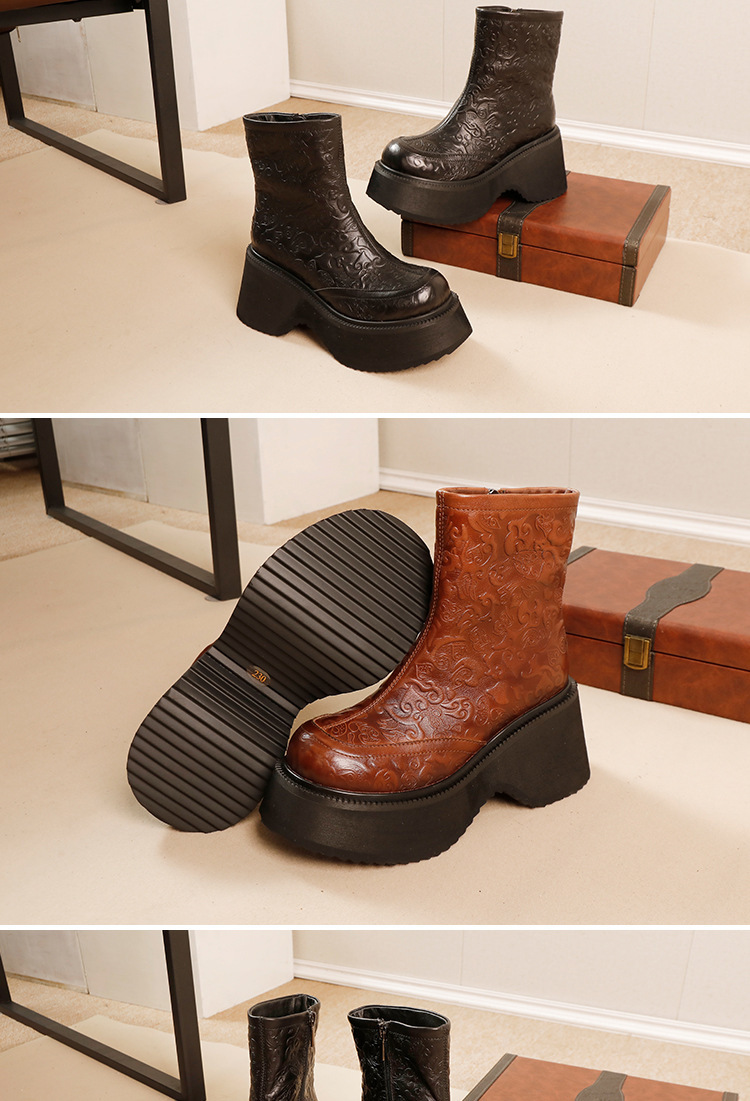 Boot nữ cổ thấp da bò lớp đầu lót lông giữ ấm gót vuông — Màu cà phê, Màu đen