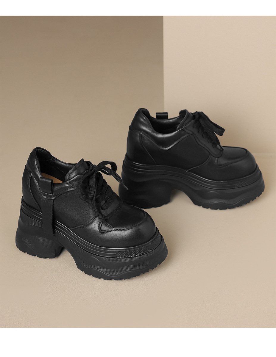 Giày sneaker nữ da bò thật đế dày tăng chiều cao 12cm dáng dad shoes buộc dây — Màu đen, Màu trắng