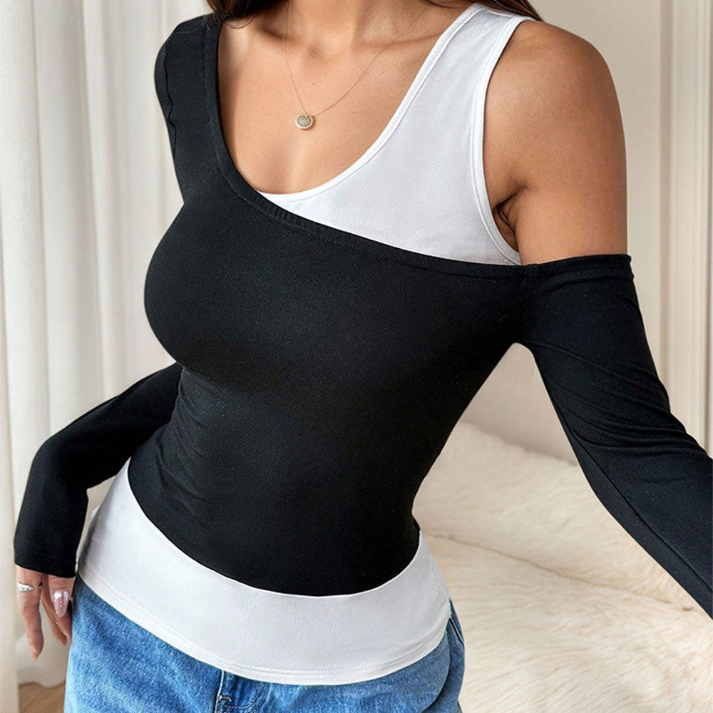 Asymmetrical Long Sleeve Top Black and White Color Block Unique Design for Spring and Autumn Wholesale Available