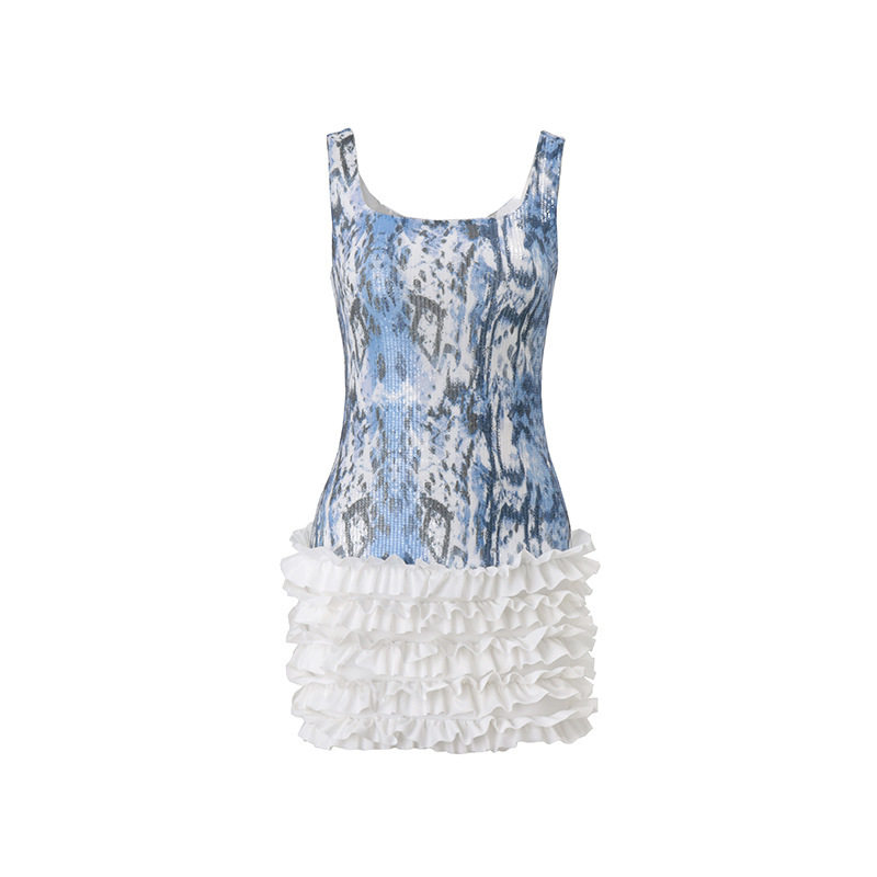 Sequin Graffiti Cake Dress Sexy U Neck Flared Silhouette Autumn Fashion Wholesale Womens Apparel