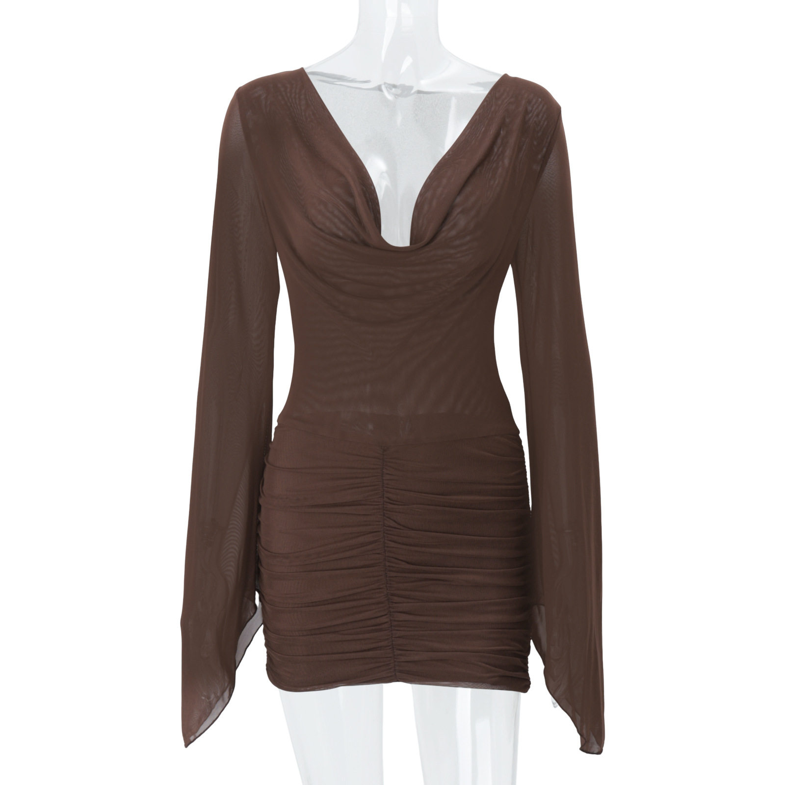 Womens Bodycon Dress Sexy Off Shoulder Mesh Panel Ruched Design Long Sleeve Autumn Fashion Wholesale Available