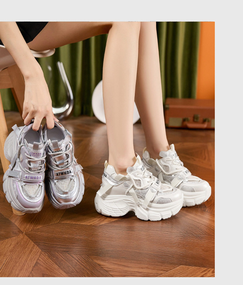 Giày sneaker nữ chunky đế dày lưới thoáng khí gót siêu cao 8 cm — Len tinh khiết, Bạc, Tím chi tiết 11