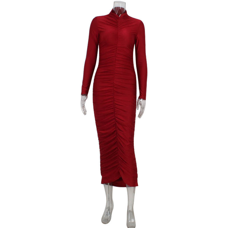 Vintage Red High Neck Long Sleeve Bodycon Maxi Dress for Women Elegant Fit Autumn Winter Style Wholesale Available