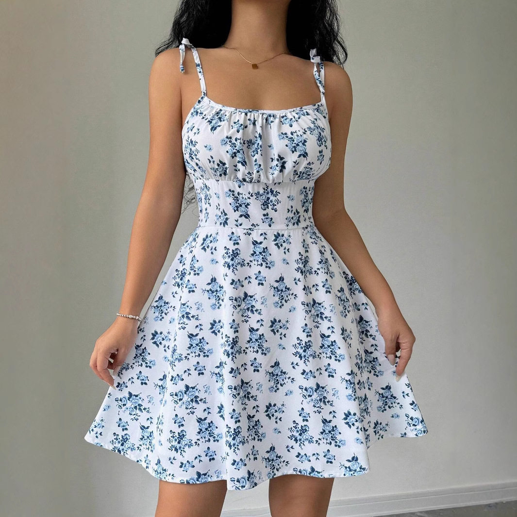 Floral Print Short Dress Summer Style Square Neck Sleeveless Lightweight Fabric Perfect for Casual Outings