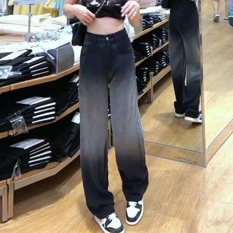 High Waisted Black Gradient Wide Leg Jeans for Women Plus Size Loose Fit Flattering Draped Design Casual Wear