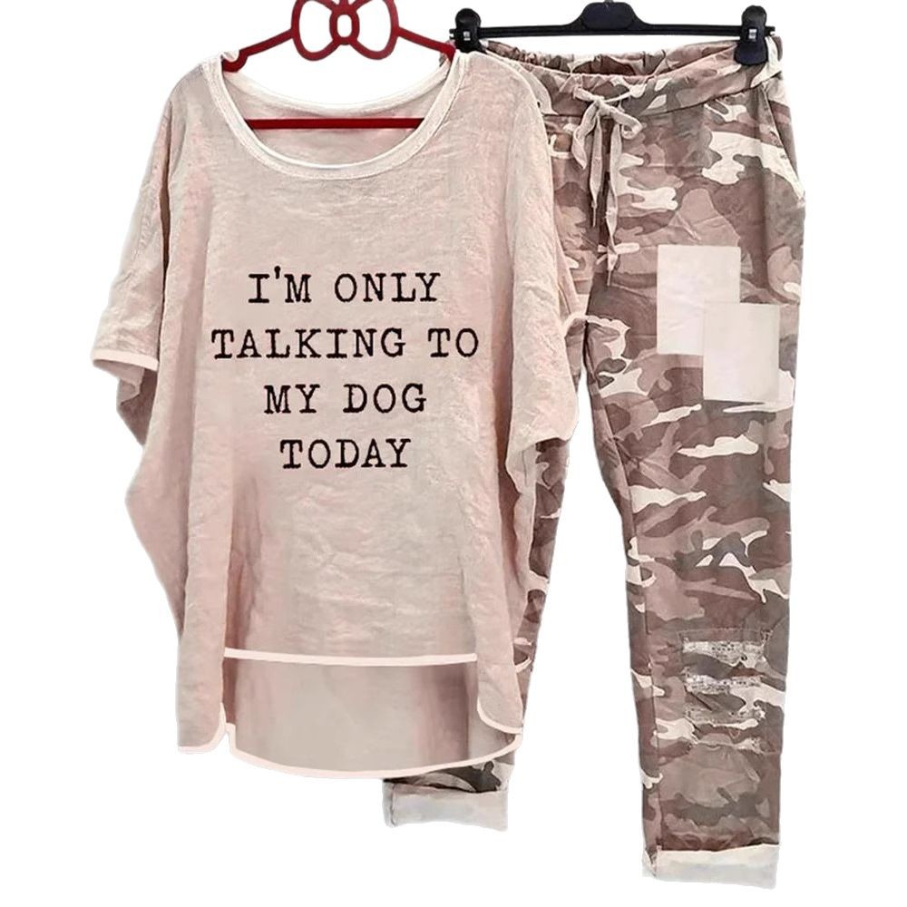 Casual Camouflage Print Set Short Sleeve Top Comfortable Pants Autumn Fashion Wholesale Available