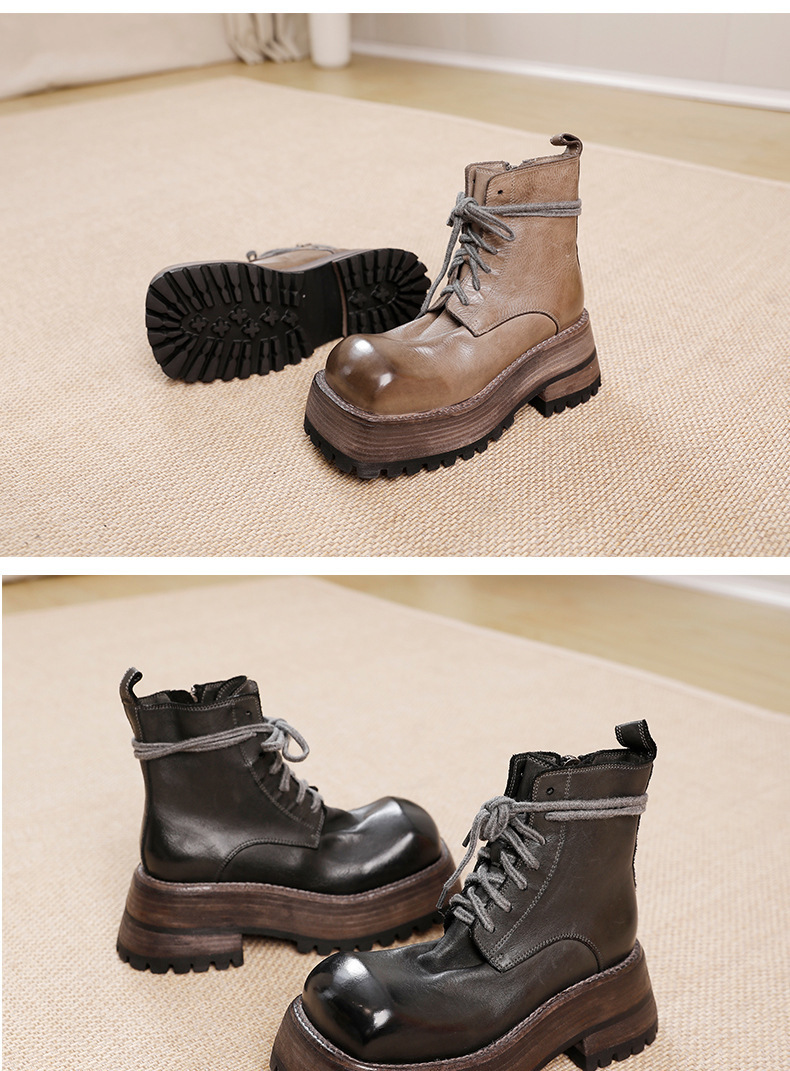 Boot Martin nữ da bò thật đế dày gót cao cổ ngắn — Màu đen, Màu xám