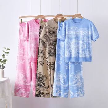 Cross-border 25 Years Fashion Women's Spring and Summer New Printed Wide Leg Pants Round Neck Slim Knitted Two-piece Set