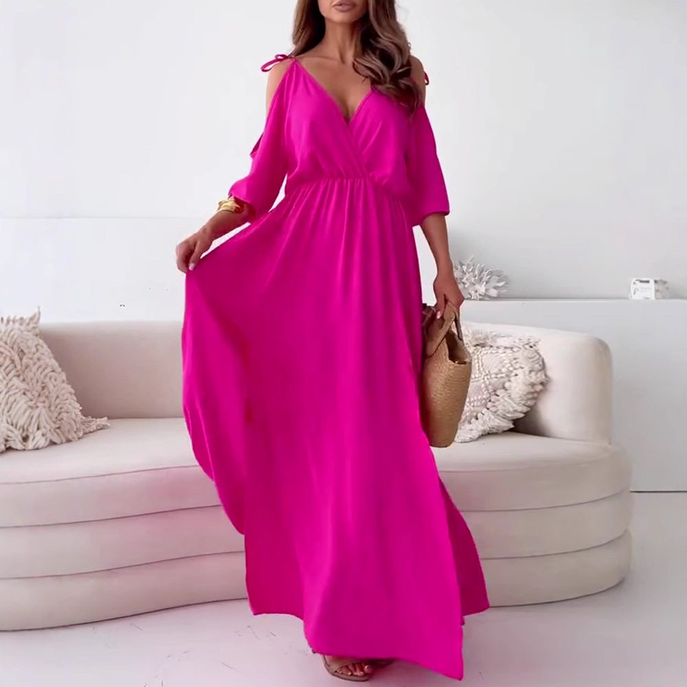 Sleeveless V Neck A Line Dress Solid Color Sexy Waist Defined Short Sleeve Casual Summer Wear Wholesale Available