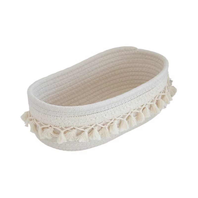 Woven Basket Off-White Rectangular Round Tassel Cotton Rope Storage Basket Sundry Storage Basket Living Room Storage Basket
