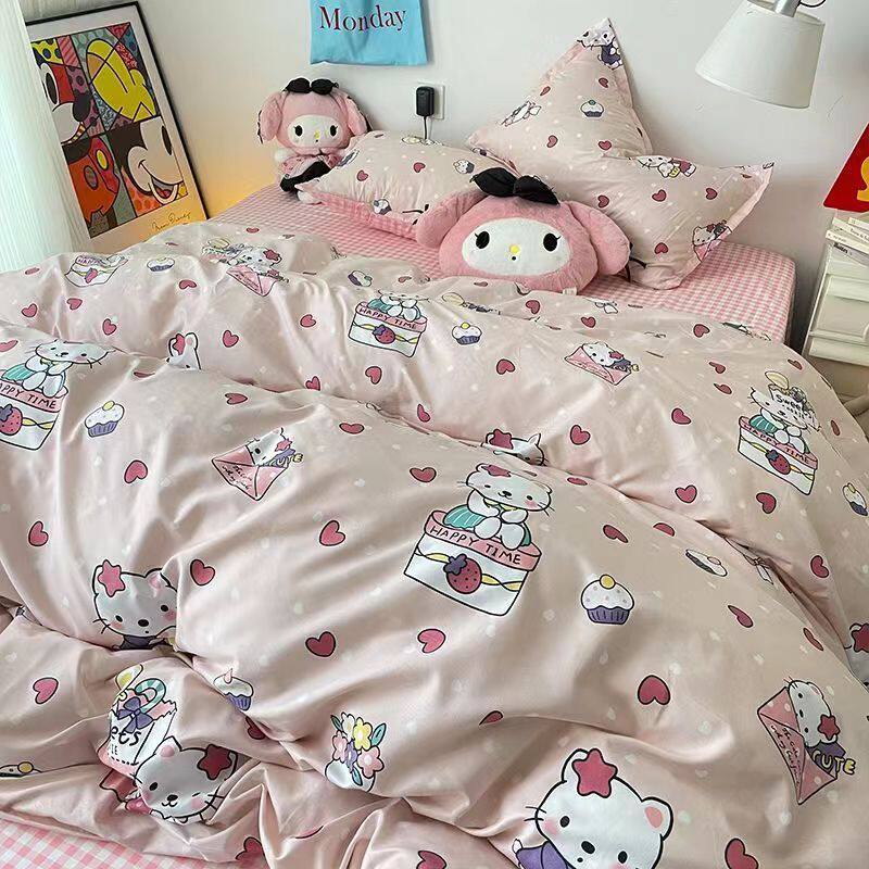 Ins Cartoon Cat Girl Heart Pink Four-Piece Set Cute Bedding Plaid Bed Sheets Dormitory 3-Piece Quilt Cover