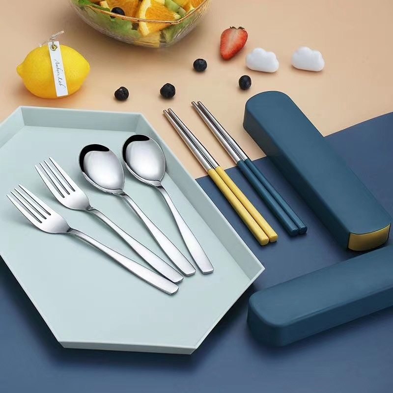 Stainless Steel Portable Tableware Chopsticks Spoon Fork Set Box Student Children Office Workers Simple Tableware Company Gifts