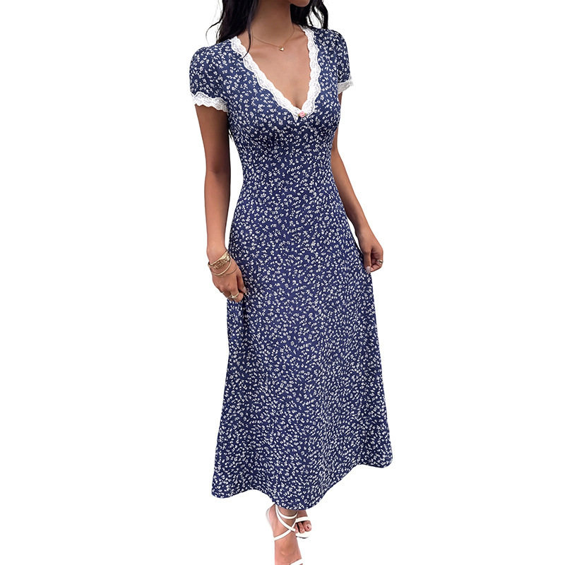 Floral Print Lace Trimmed V Neck Short Sleeve Dress Sweet Vacation Style Ideal for Summer Events Wholesale Available