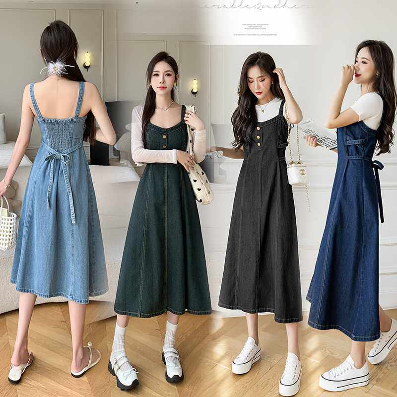 实拍2024年春秋夏季四季打底裙 牛仔背带裙中长款连衣裙女