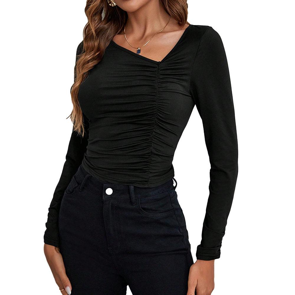 Slim Fit Knitted Long Sleeve T Shirt Asymmetrical Neckline Versatile Style Fashionable Chic Autumn Winter