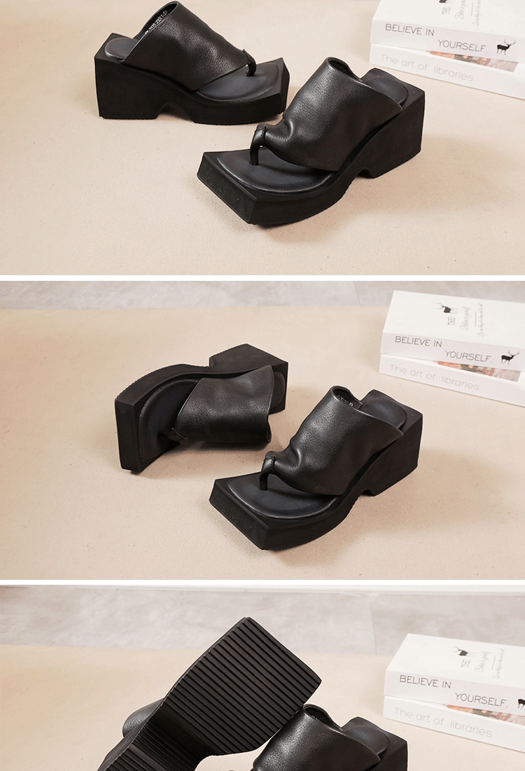Dép xỏ ngón nữ da bò thật đế cao gót 8cm phong cách cổ điển — Màu đen